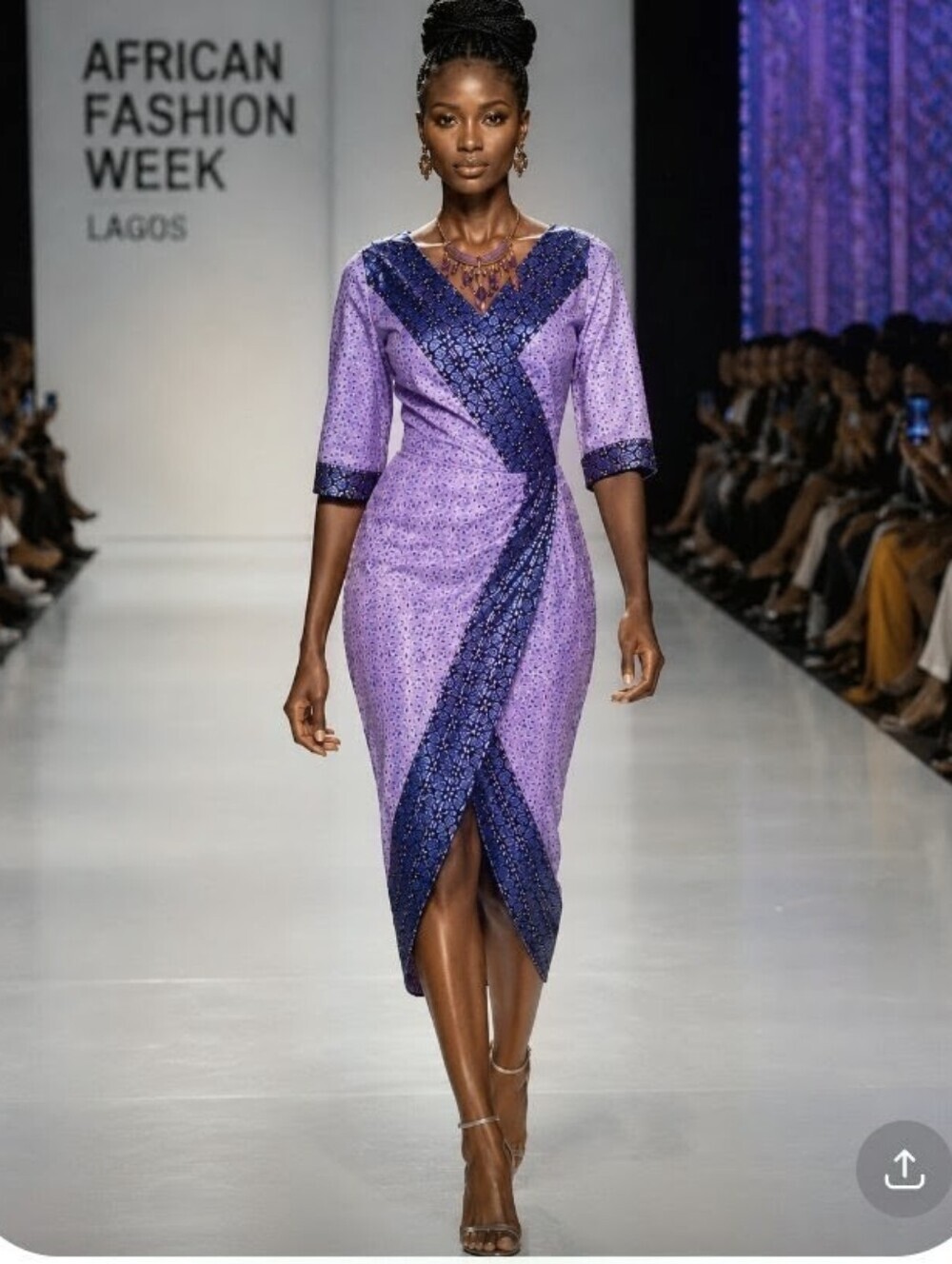 NIGERIAN M/ L POLISH COTTON PURPLE BLUE LAVENDER METALLIC FAUX WRAP MIDI DRESS